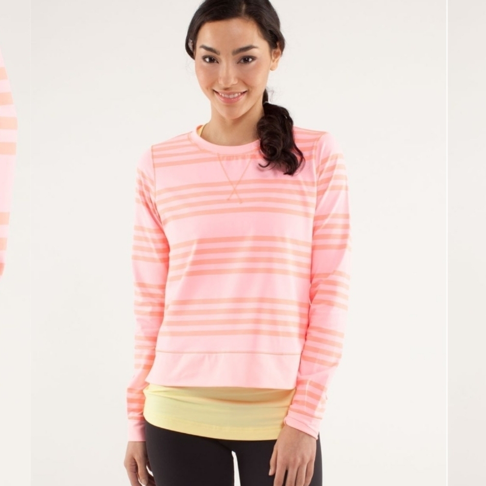 Lululemon Run: Warm Up Crew. Orange and pink. Stripes. Size 6.